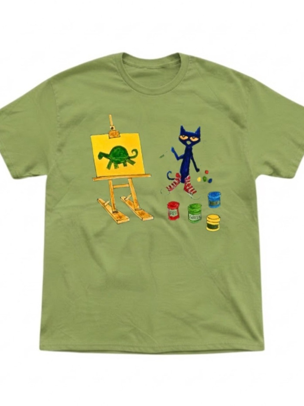 Pete The Cat Turtle Easel Paint Graphic Olive Green Gildan T-Shirt